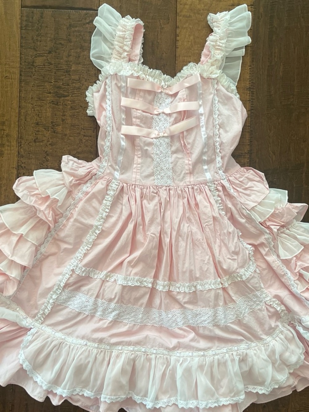 Lolita jumperskirt light pink dress with white lace panels, cinch waist